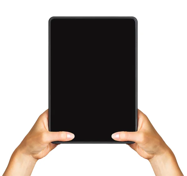 Mano de mujer mostrando tableta negra, concepto de tomar foto o selfie — Foto de Stock