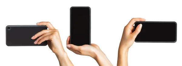 Набор женских рук с черным смартфоном, концепция фотографирования или селфи — стоковое фото