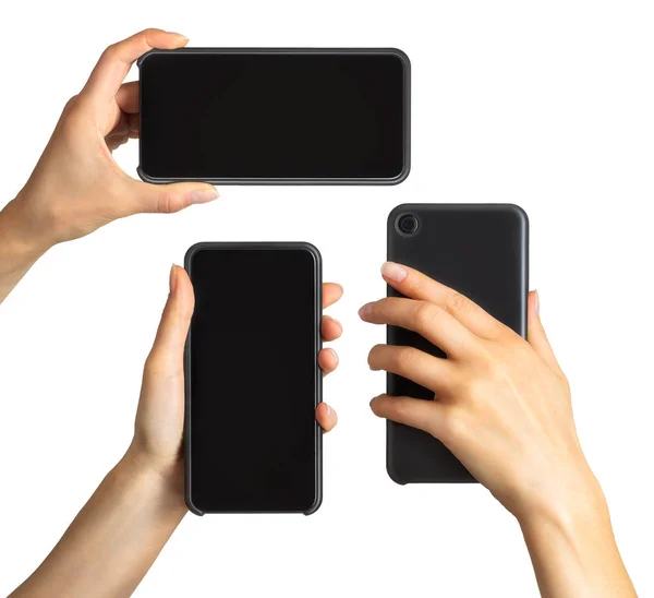 Conjunto de manos de mujer mostrando smartphone negro —  Fotos de Stock