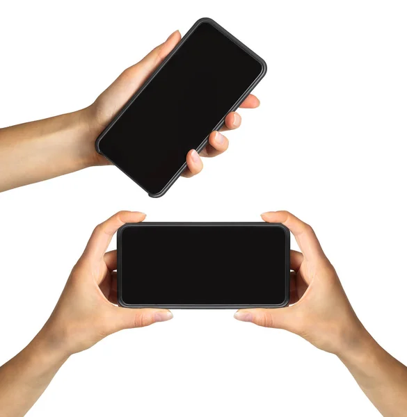 Zestaw damskie ręce Wyświetlono czarny smartphone, pojęcie biorąc zdjęcie lub selfie — Zdjęcie stockowe