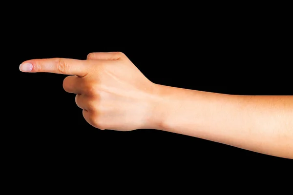 Mano de mujer con el dedo índice apuntando hacia arriba o mostrando dirección — Foto de Stock
