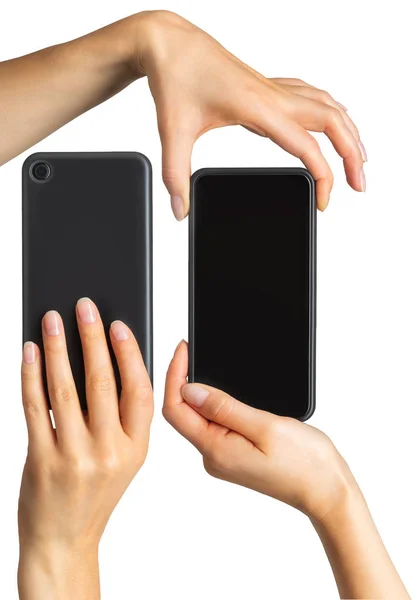 Набор женских рук с черным смартфоном — стоковое фото