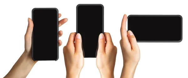 Conjunto de manos de mujer mostrando smartphone negro, concepto de tomar fotos o selfie —  Fotos de Stock