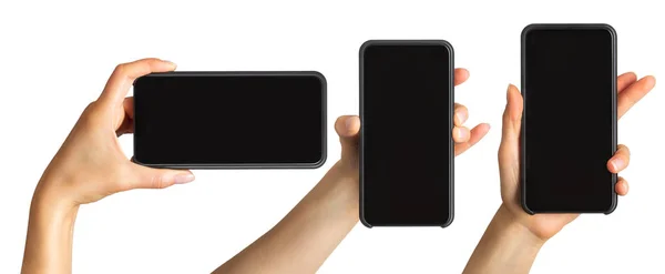 Siyah smartphone, fotoğraf ya da selfie alarak kavramı gösterilen kadın kümesi eller