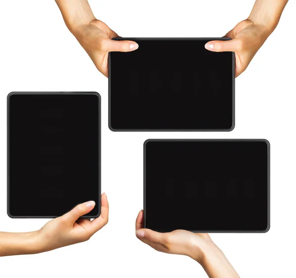 Kadın elleri, mobil alışveriş kavramı siyah tabletlerin örnekler seti — Stok fotoğraf