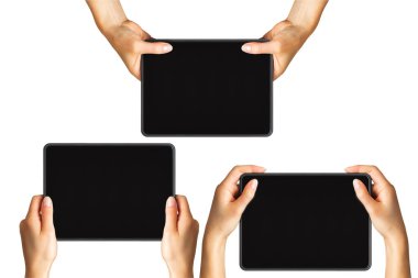 Siyah tabletler, selfie kavramı veya oyun oynarken gösteren kadın elleri seti