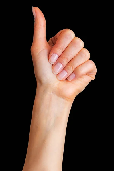 Mujer cogida de la mano en gesto de signo semejante, dando el pulgar hacia arriba — Foto de Stock