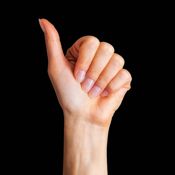 Mujer cogida de la mano en gesto de signo semejante, dando el pulgar hacia arriba — Foto de Stock