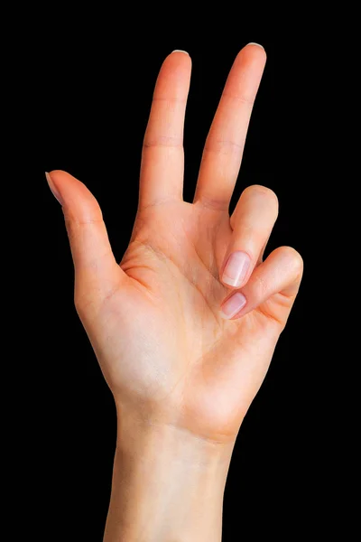 Női kéz mutató 3-ujjak gesztus rend német sör — Stock Fotó