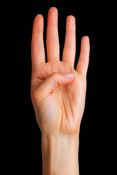 Női kéz a mutatja, négy ujjakon és a tenyéren — Stock Fotó