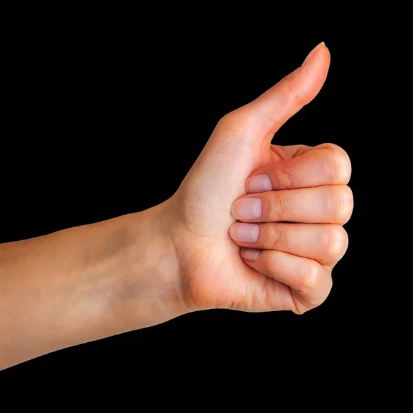 Mujer cogida de la mano en gesto de signo semejante, dando el pulgar hacia arriba — Foto de Stock