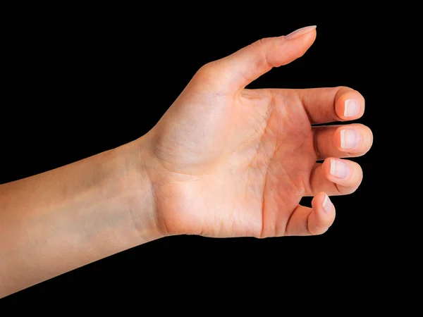 Donna mano che tiene qualcosa come una bottiglia o un bicchiere — Foto Stock