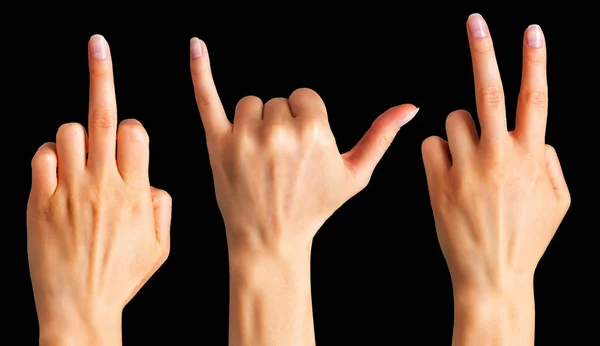 Manos femeninas mostrando tres gestos diferentes. Aislado — Foto de Stock