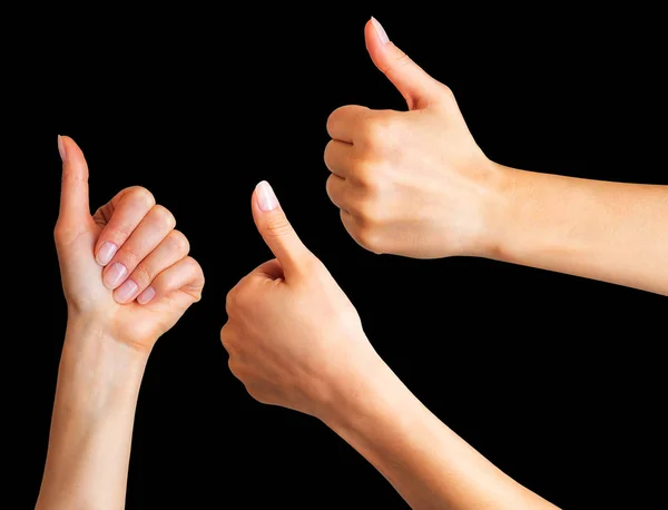 Mujer cogida de la mano en gesto de signo semejante, dando el pulgar hacia arriba — Foto de Stock