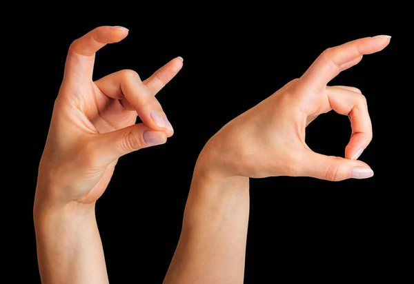 Conjunto de mulheres mãos mostrando chifres de animal ou dando o gesto chifres do diabo — Fotografia de Stock