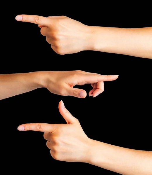 Conjunto de manos de mujer con el dedo índice apuntando hacia un lado — Foto de Stock