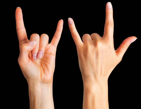 Conjunto de manos de mujer mostrando el signo de rock n roll o dando el gesto cuernos del diablo — Foto de Stock