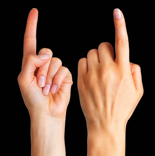 Manos de mujer con el dedo índice apuntando hacia arriba — Foto de Stock