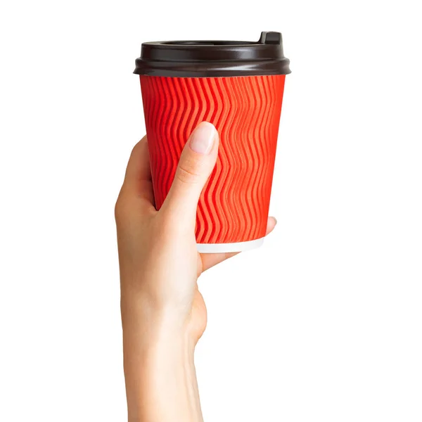 Kobieta ręka trzyma kawę papier kubek do picia — Zdjęcie stockowe