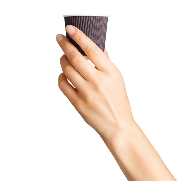 Vrouw handholding koffie papier drinken Cup — Stockfoto