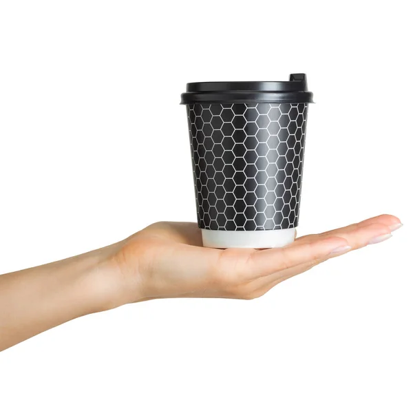 Vrouw handholding koffie papier drinken Cup — Stockfoto