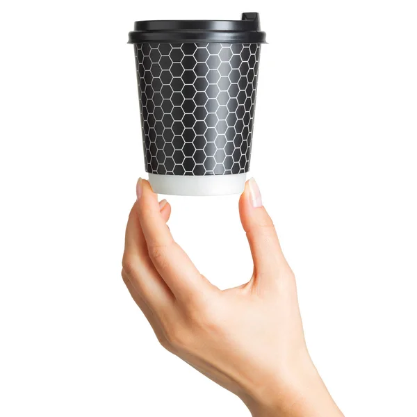 Vrouw handholding koffie papier drinken Cup — Stockfoto