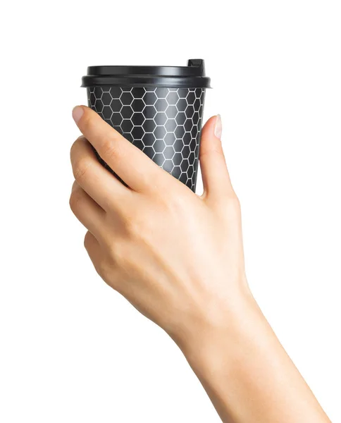 Vrouw handholding koffie papier drinken Cup — Stockfoto