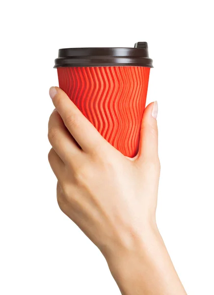 Vrouw handholding koffie papier drinken Cup — Stockfoto