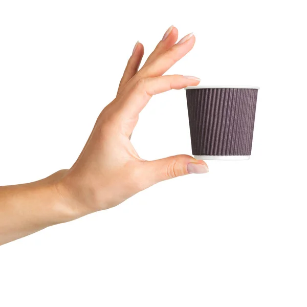 Γυναικείο χέρι που κρατά κούπα καφέ χαρτί — Φωτογραφία Αρχείου