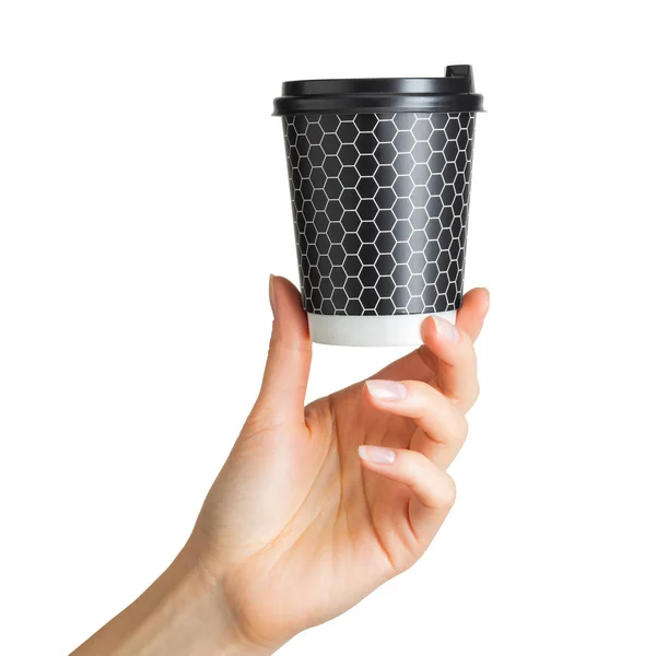 Femme main tenant café papier tasse à boire — Photo