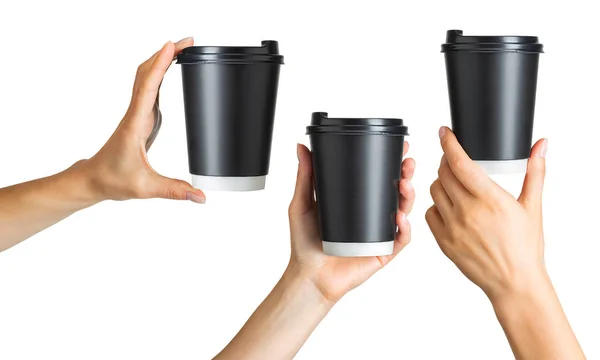 Set of women hands holding coffee paper drinking cup — Stock Photo, Image