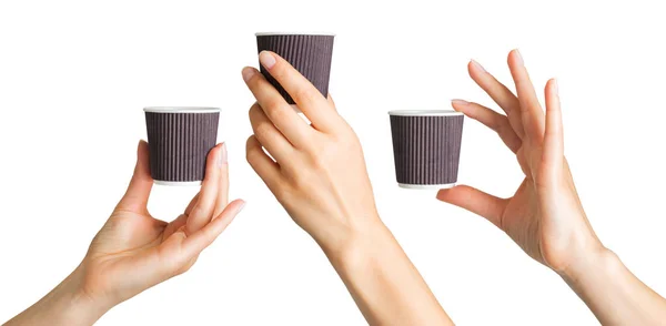 Set van vrouwenhanden houden koffie papier drinken Cup — Stockfoto