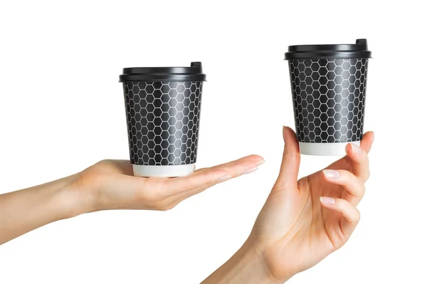 Set van vrouwenhanden houden koffie papier drinken Cup — Stockfoto