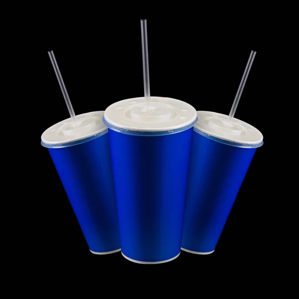 Set van blauwe cups met dop en buis geïsoleerd op zwarte achtergrond — Stockfoto