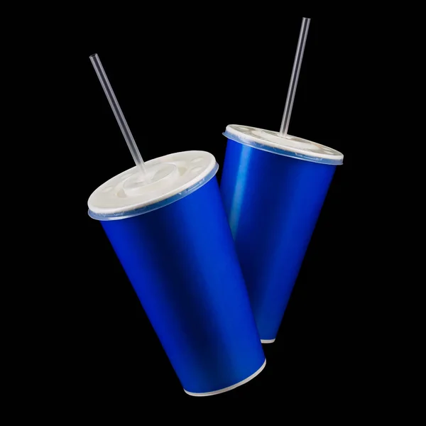 Set of blue cups with cap and tube isolated on black background — Stock Photo, Image