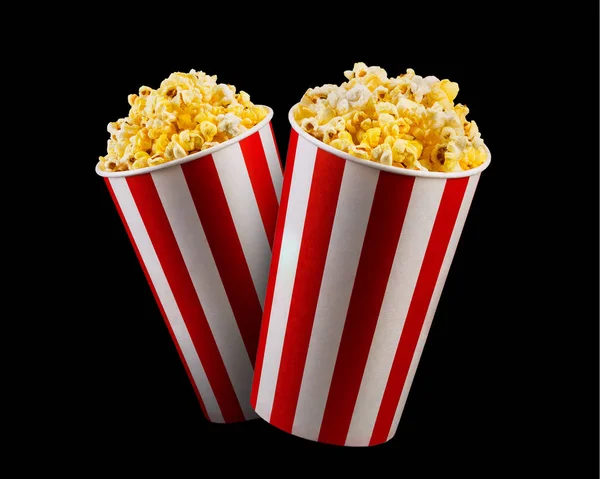 Conjunto de cubos a rayas de papel con palomitas aisladas sobre fondo negro —  Fotos de Stock