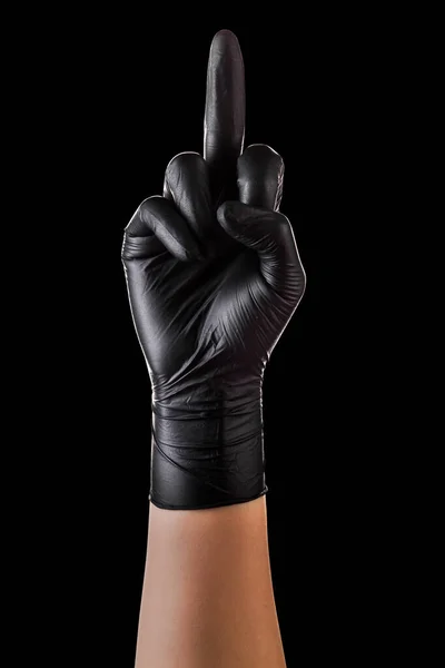 Hand Zwarte Handschoenen Middelvinger Gevoel Van Agressie Gebrek Aan Respect — Stockfoto