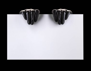 Siyah eldivenler içinde boş karton tutuyorlar. Siyah üzerine izole edilmiş.