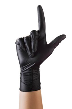 İşaret parmağı beyazı işaret eden siyah eldivenler verin.