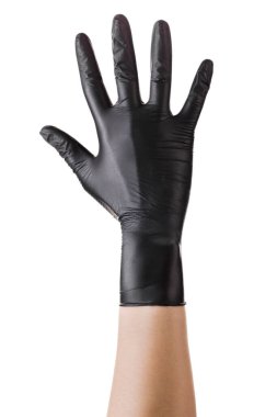 Siyah eldivenler beyaz arka planda beş parmak ve avuç içini gösteriyor.