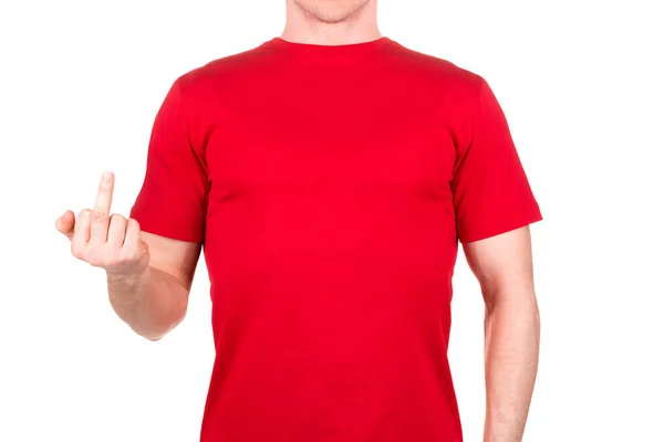 Впевнена мама в червоній футболці, що показує середній палець або трахає жест ізольовано — стокове фото
