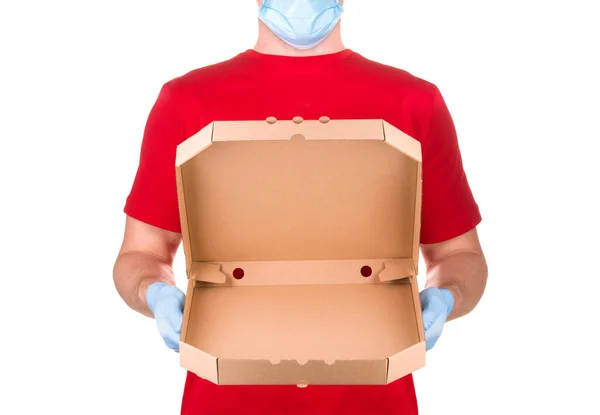 Leverans Man Röd Shirt Och Blå Medicinska Handskar Håller Pizza — Stockfoto