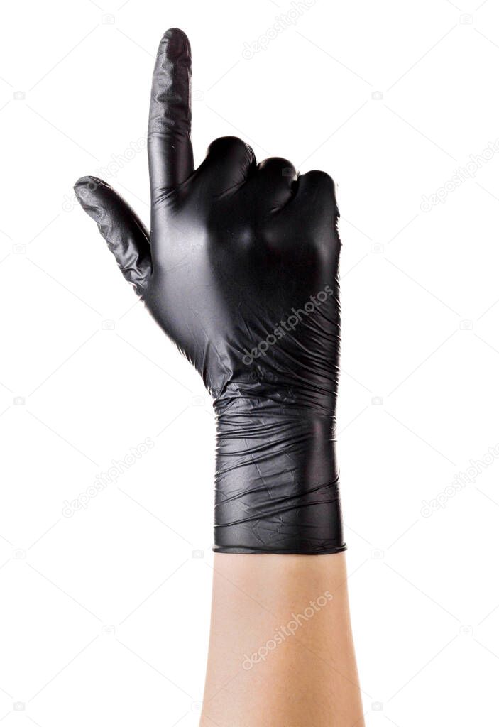 Hand in black gloves with the index finger pointing up isolated on white background. Isolated with clipping path.