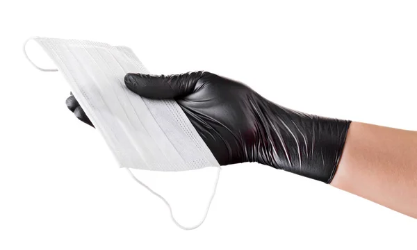 Hand Hand Halten Schwarze Handschuhe Einweg Mundschutz Isoliert Auf Weißem — Stockfoto