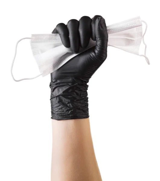 Hand Zwarte Handschoenen Houden Wegwerp Gezichtsmasker Geïsoleerd Witte Achtergrond Met — Stockfoto