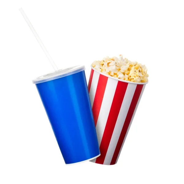 Papiergestreifter Eimer Mit Popcorn Und Tasse Softdrink Isoliert Auf Weißem — Stockfoto