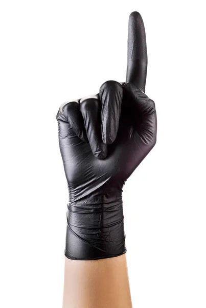 Hand Zwarte Handschoenen Met Wijsvinger Omhoog Gericht Geïsoleerd Witte Achtergrond — Stockfoto