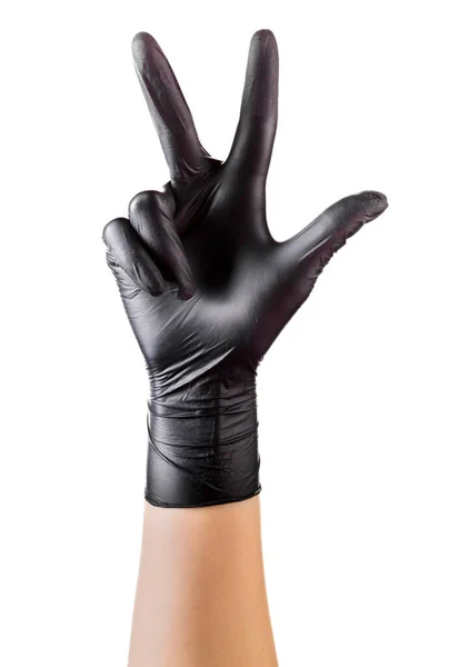 Hand Zwarte Handschoenen Tonen Vingers Tellen Geïsoleerd Zwarte Achtergrond Geïsoleerd — Stockfoto