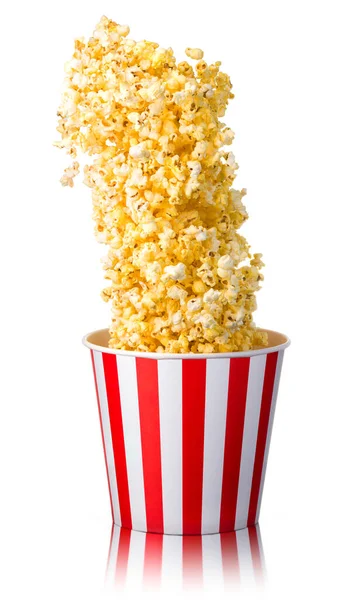 Popcorn Volanti Secchio Strisce Carta Isolato Sfondo Bianco Con Percorso — Foto Stock