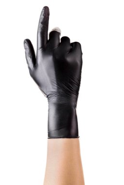 Siyah eldivenler ve işaret parmağı beyaz arka planda izole edilmiş. Kırpma yolu ile izole edilmiş.